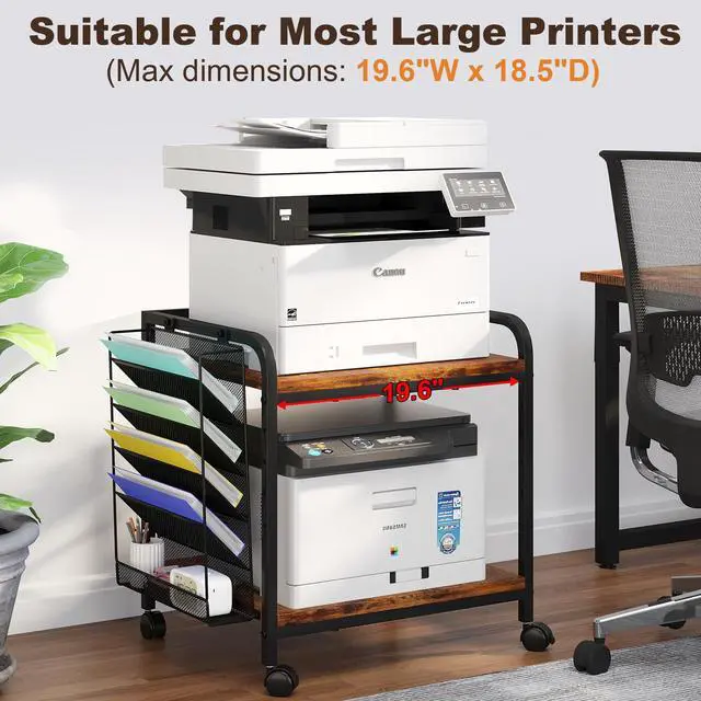Alt view image 2 of 7 - Large Printer Stand with File Holder Organizer, Adjustable Height Shelf with Wheels, Rolling Printer Cart with Storage for Printer Scanner Fax Home Office Use Rustic Brown