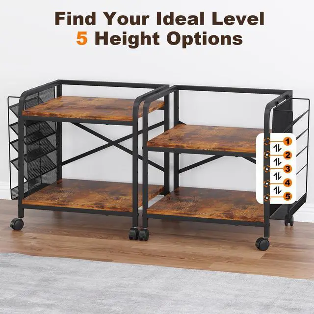Alt view image 4 of 7 - Large Printer Stand with File Holder Organizer, Adjustable Height Shelf with Wheels, Rolling Printer Cart with Storage for Printer Scanner Fax Home Office Use Rustic Brown