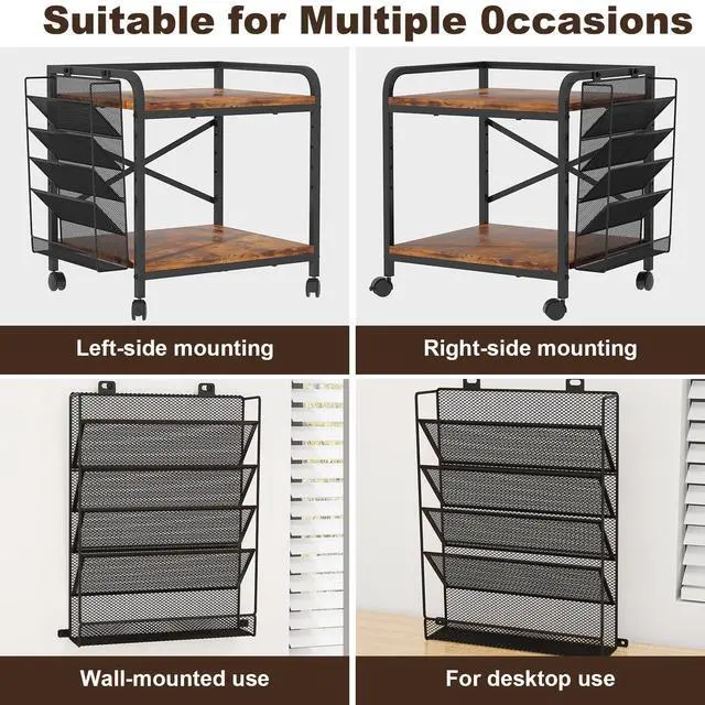 Alt view image 6 of 7 - Large Printer Stand with File Holder Organizer, Adjustable Height Shelf with Wheels, Rolling Printer Cart with Storage for Printer Scanner Fax Home Office Use Rustic Brown