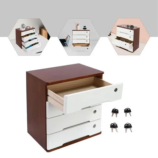 Alt view image 5 of 7 - Wood Desk Organizer with 4 Drawers, Lockable Desktop Countertop Storage Cabinet for Home Office Supplies File Tabletop Storage Box, 15.75" x 11.02" x 15.94" (Dark Brown + White)