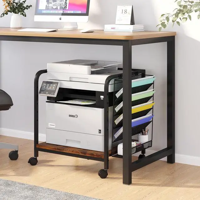 Alt view image 7 of 7 - Large Printer Stand with File Holder Organizer, Adjustable Height Shelf with Wheels, Rolling Printer Cart with Storage for Printer Scanner Fax Home Office Use Rustic Brown
