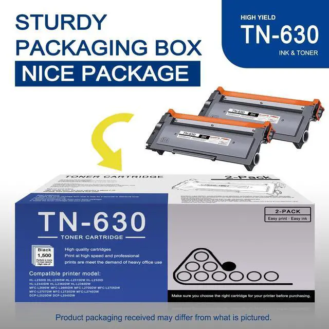 Alt view image 5 of 7 - 2 Pack TN630 TN-630 Black Toner Cartridge Compatible TN630 Replacement for Brother tn630 HL-L2300D L2305W L2320D L2360DW MFC-L2680W L2685DW L2700DW L2705DW L2707DW L2740DW DCP-L2540DW L2520DW Printer