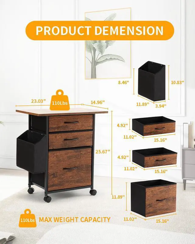 Alt view image 3 of 7 - Printer Stand with 3 Fabric Drawer, Mobile File Cabinet for Home Office with Storage Bag, Rolling Under Desk Organizer Shelf, Fits A4 or Letter Size, Complete Top Plate Fast Assembly