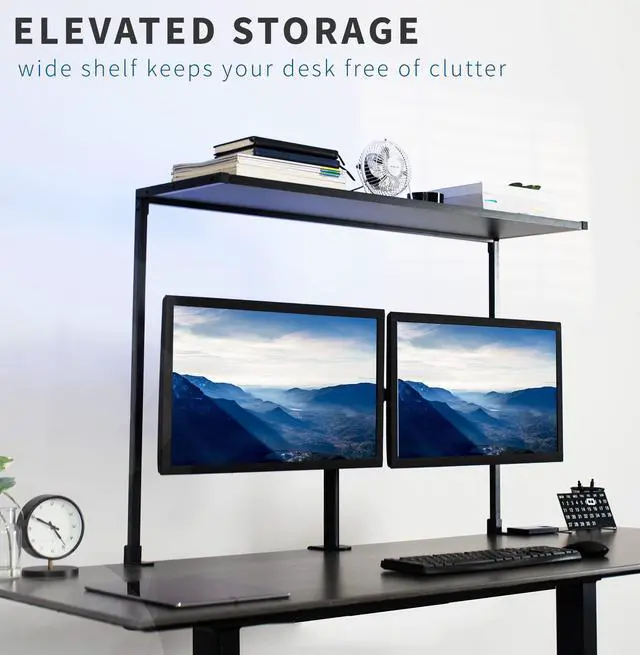 Alt view image 4 of 7 - Large 42 inch Clamp-on Overhead Desk Shelf, Raised Desktop Organizer, Elevated Workstation Accessory Platform, Black, DESK-SHELF42-OB