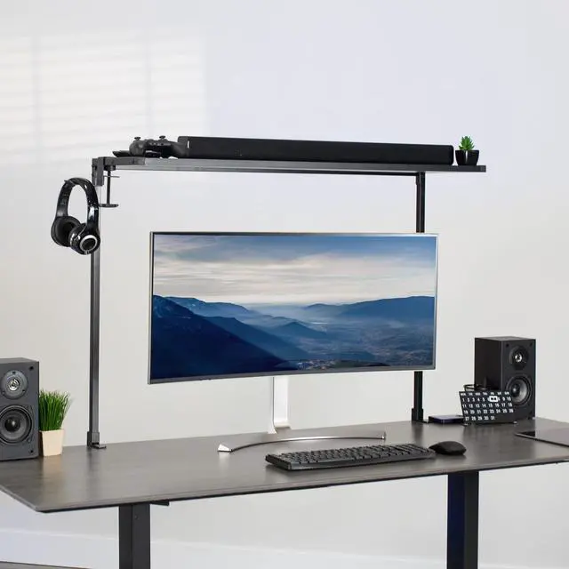 Alt view image 6 of 7 - Large 42 inch Clamp-on Overhead Desk Shelf, Raised Desktop Organizer, Elevated Workstation Accessory Platform, Black, DESK-SHELF42-OB