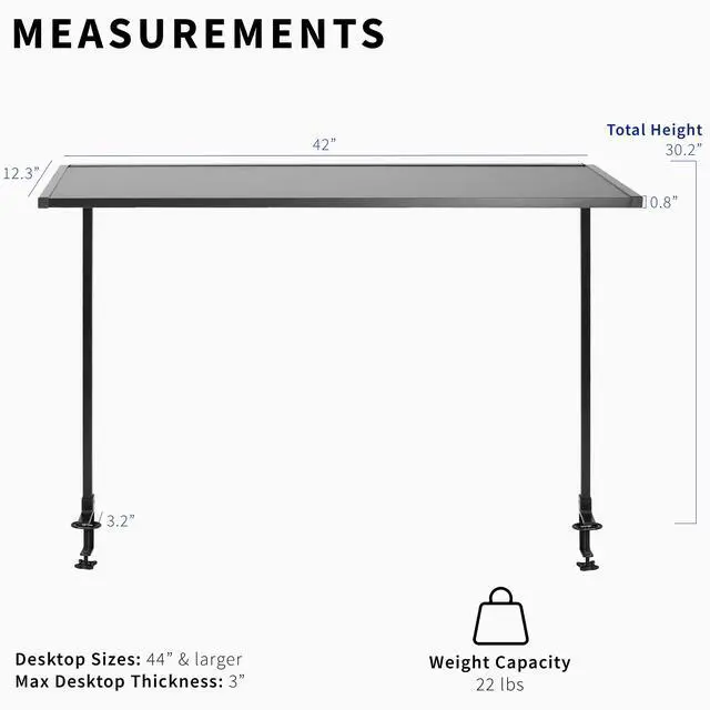 Alt view image 3 of 7 - Large 42 inch Clamp-on Overhead Desk Shelf, Raised Desktop Organizer, Elevated Workstation Accessory Platform, Black, DESK-SHELF42-OB