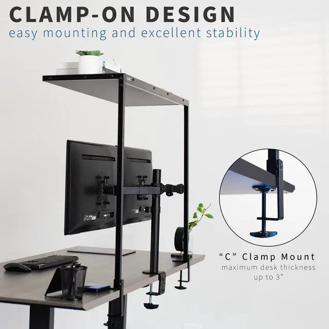 Alt view image 5 of 7 - Large 42 inch Clamp-on Overhead Desk Shelf, Raised Desktop Organizer, Elevated Workstation Accessory Platform, Black, DESK-SHELF42-OB