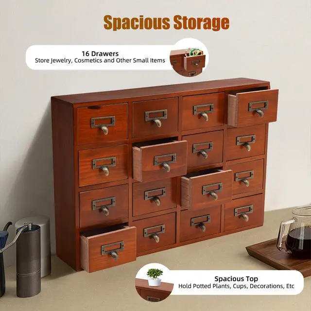 Alt view image 4 of 7 - Card Catalog Desk Drawer Organizer,Wooden Vintage Apothecary Cabinet with 16 Drawers,Library Card Catalog Cabinet for Bedroom Home Office