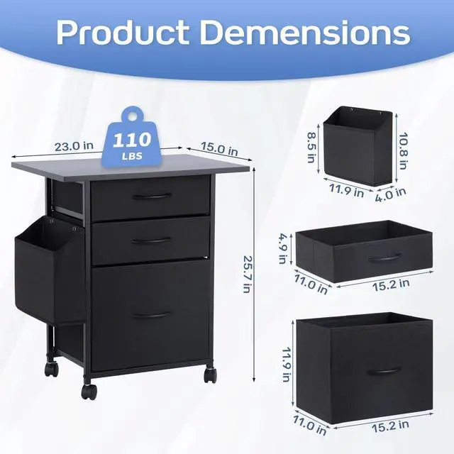 Alt view image 3 of 7 - Printer Stand with 3 Fabric Drawer, Mobile File Cabinet for Home Office with Storage Bag, Rolling Under Desk Organizer Shelf, Fits A4 or Letter Size, Complete Top Plate Fast Assembly (Night Black)