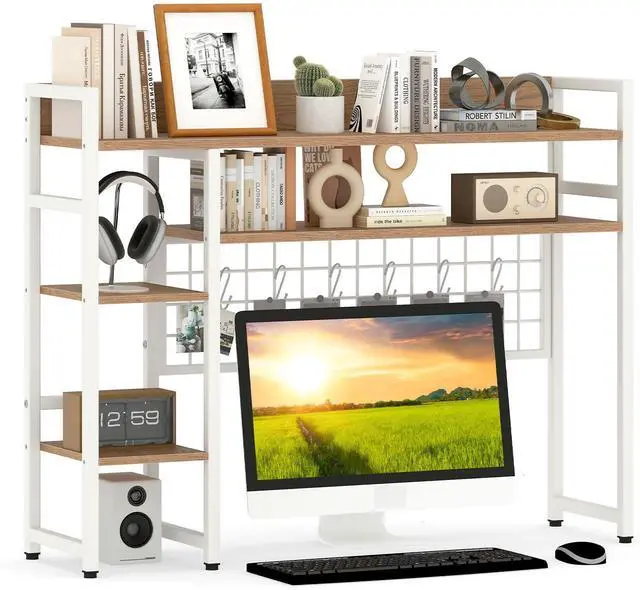 Main image of Desktop Bookshelf, 37" Desk Shelf for Up to 32" Computer Monitor, 4 Tier Desktop Display Shelves w/Grid Panel, 6 Movable Hooks, Anti-tip Device, Desk Hutch for Home Office Dorm (Natural)