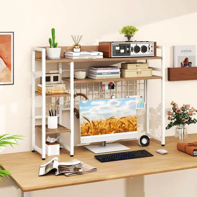 Alt view image 2 of 7 - Desktop Bookshelf, 37" Desk Shelf for Up to 32" Computer Monitor, 4 Tier Desktop Display Shelves w/Grid Panel, 6 Movable Hooks, Anti-tip Device, Desk Hutch for Home Office Dorm (Natural)