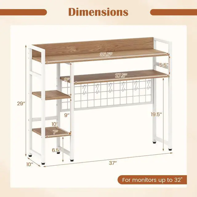 Alt view image 3 of 7 - Desktop Bookshelf, 37" Desk Shelf for Up to 32" Computer Monitor, 4 Tier Desktop Display Shelves w/Grid Panel, 6 Movable Hooks, Anti-tip Device, Desk Hutch for Home Office Dorm (Natural)