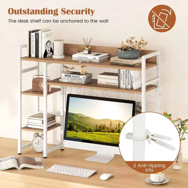 Alt view image 6 of 7 - Desktop Bookshelf, 37" Desk Shelf for Up to 32" Computer Monitor, 4 Tier Desktop Display Shelves w/Grid Panel, 6 Movable Hooks, Anti-tip Device, Desk Hutch for Home Office Dorm (Natural)