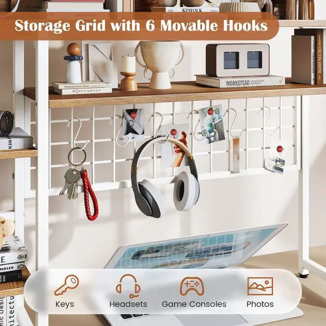 Alt view image 5 of 7 - Desktop Bookshelf, 37" Desk Shelf for Up to 32" Computer Monitor, 4 Tier Desktop Display Shelves w/Grid Panel, 6 Movable Hooks, Anti-tip Device, Desk Hutch for Home Office Dorm (Natural)