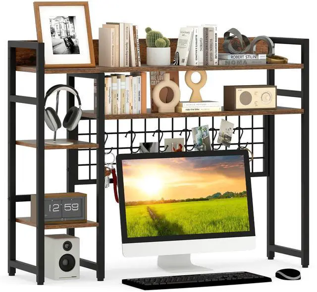 Main image of Desktop Bookshelf, 37" Desk Shelf for Up to 32" Computer Monitor, 4 Tier Desktop Display Shelves w/Grid Panel, 6 Movable Hooks, Anti-tip Device, Desk Hutch for Home Office Dorm (Rustic Brown)