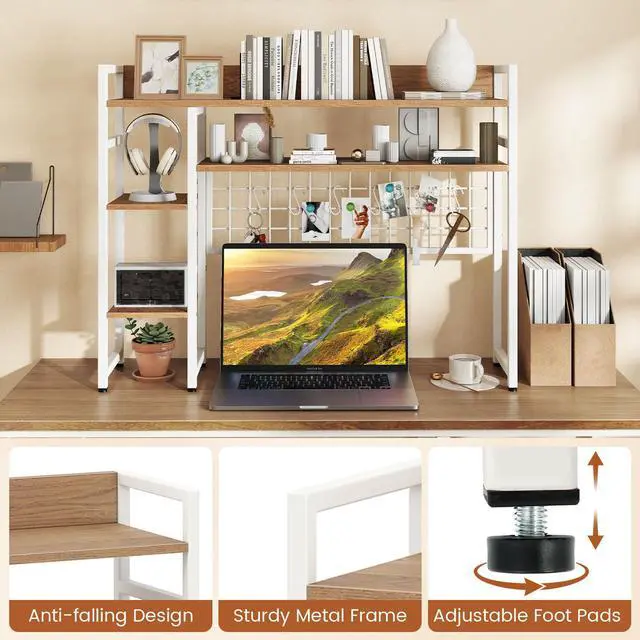 Alt view image 7 of 7 - Desktop Bookshelf, 37" Desk Shelf for Up to 32" Computer Monitor, 4 Tier Desktop Display Shelves w/Grid Panel, 6 Movable Hooks, Anti-tip Device, Desk Hutch for Home Office Dorm (Natural)