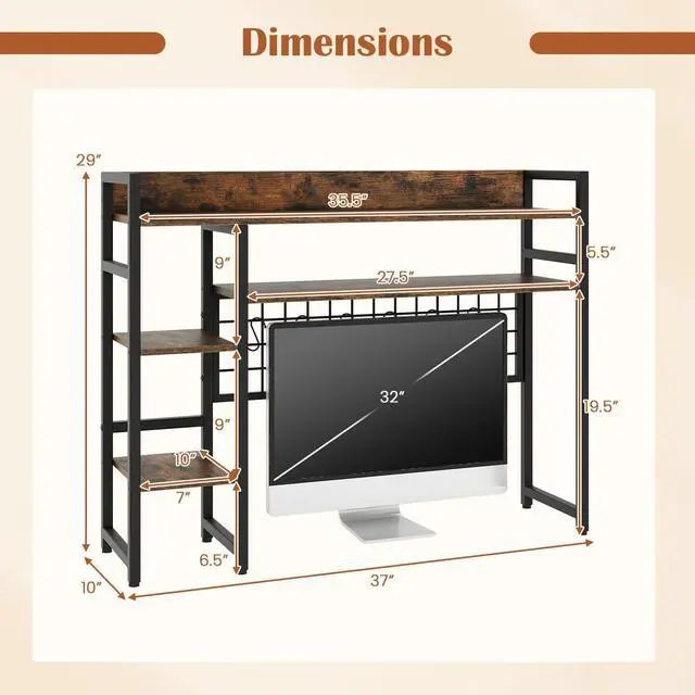 Alt view image 3 of 7 - Desktop Bookshelf, 37" Desk Shelf for Up to 32" Computer Monitor, 4 Tier Desktop Display Shelves w/Grid Panel, 6 Movable Hooks, Anti-tip Device, Desk Hutch for Home Office Dorm (Rustic Brown)