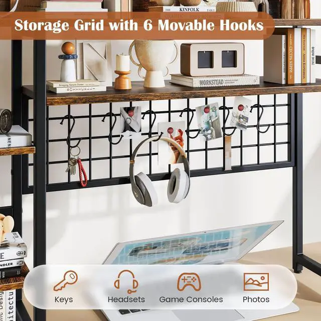 Alt view image 4 of 7 - Desktop Bookshelf, 37" Desk Shelf for Up to 32" Computer Monitor, 4 Tier Desktop Display Shelves w/Grid Panel, 6 Movable Hooks, Anti-tip Device, Desk Hutch for Home Office Dorm (Rustic Brown)