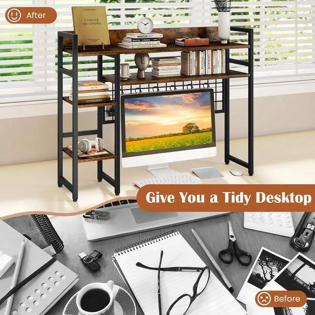 Alt view image 5 of 7 - Desktop Bookshelf, 37" Desk Shelf for Up to 32" Computer Monitor, 4 Tier Desktop Display Shelves w/Grid Panel, 6 Movable Hooks, Anti-tip Device, Desk Hutch for Home Office Dorm (Rustic Brown)