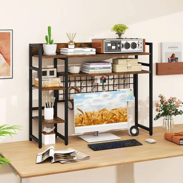 Alt view image 2 of 7 - Desktop Bookshelf, 37" Desk Shelf for Up to 32" Computer Monitor, 4 Tier Desktop Display Shelves w/Grid Panel, 6 Movable Hooks, Anti-tip Device, Desk Hutch for Home Office Dorm (Rustic Brown)