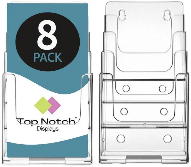 Main image of 4" 4 Tier Clear Acrylic Flyer Holder Wall Mount or Countertop Design - Pamphlet Display Stand for Trifold Brochures for Offices, Retail, and Hospitality Pack of 8