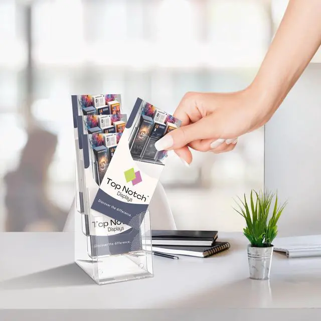 Alt view image 7 of 7 - 4" 4 Tier Clear Acrylic Flyer Holder Wall Mount or Countertop Design - Pamphlet Display Stand for Trifold Brochures for Offices, Retail, and Hospitality Pack of 8