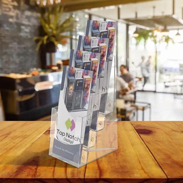 Alt view image 6 of 7 - 4" 4 Tier Clear Acrylic Flyer Holder Wall Mount or Countertop Design - Pamphlet Display Stand for Trifold Brochures for Offices, Retail, and Hospitality Pack of 8