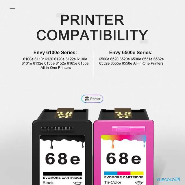 Alt view image 2 of 7 - 68XL Ink Cartridge High Yield Compatible for HP 68 Ink Cartridges Black/Color Combo Pack(2-Pack) Compatible for HP Envy 6155e, 6500e, 6552e, 6555e, 6558e, 6100e, 6152e Printer(1 Black, 1 Tri-Color)