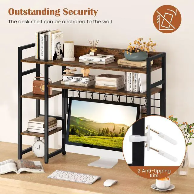 Alt view image 6 of 7 - Desktop Bookshelf, 37" Desk Shelf for Up to 32" Computer Monitor, 4 Tier Desktop Display Shelves w/Grid Panel, 6 Movable Hooks, Anti-tip Device, Desk Hutch for Home Office Dorm (Rustic Brown)