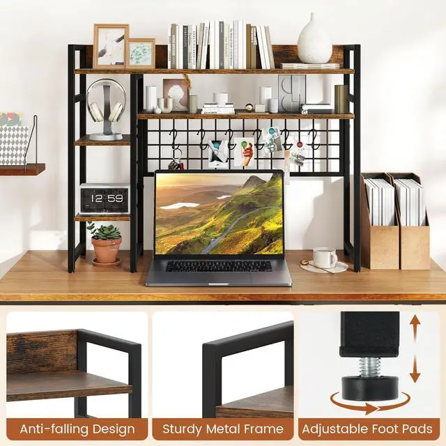 Alt view image 7 of 7 - Desktop Bookshelf, 37" Desk Shelf for Up to 32" Computer Monitor, 4 Tier Desktop Display Shelves w/Grid Panel, 6 Movable Hooks, Anti-tip Device, Desk Hutch for Home Office Dorm (Rustic Brown)