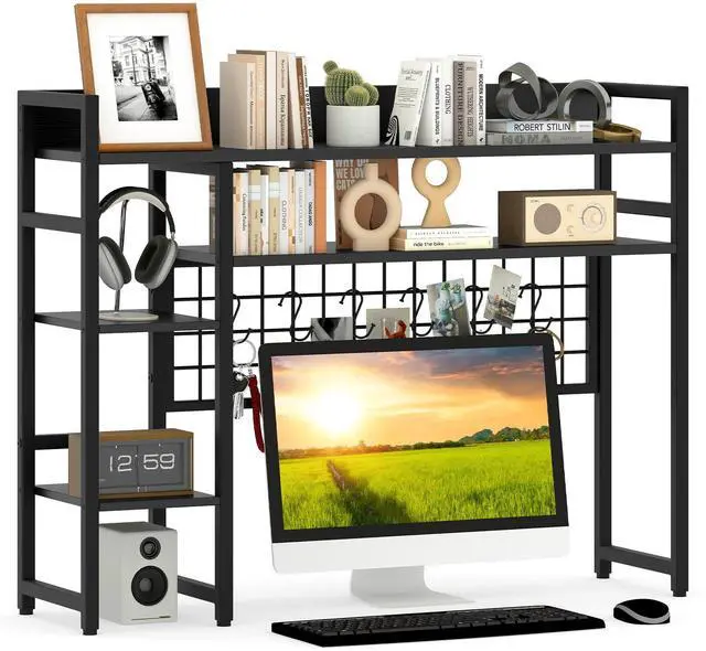 Main image of Desktop Bookshelf, 37" Desk Shelf for Up to 32" Computer Monitors, 4 Tier Desktop Display Shelves with Grid Panel, 6 Movable Hooks, Anti-tip Device, Desk Hutch for Home Office Dorm (Black)