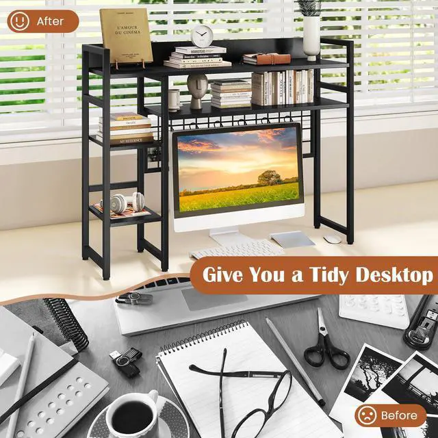 Alt view image 4 of 7 - Desktop Bookshelf, 37" Desk Shelf for Up to 32" Computer Monitors, 4 Tier Desktop Display Shelves with Grid Panel, 6 Movable Hooks, Anti-tip Device, Desk Hutch for Home Office Dorm (Black)