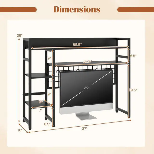 Alt view image 3 of 7 - Desktop Bookshelf, 37" Desk Shelf for Up to 32" Computer Monitors, 4 Tier Desktop Display Shelves with Grid Panel, 6 Movable Hooks, Anti-tip Device, Desk Hutch for Home Office Dorm (Black)
