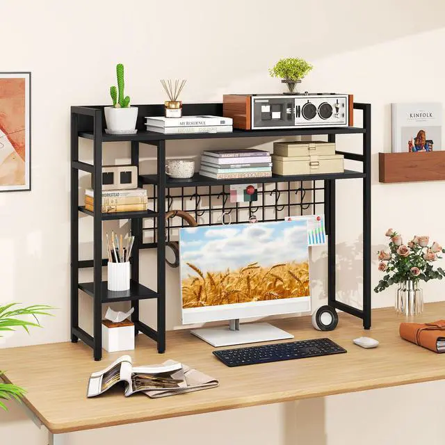 Alt view image 2 of 7 - Desktop Bookshelf, 37" Desk Shelf for Up to 32" Computer Monitors, 4 Tier Desktop Display Shelves with Grid Panel, 6 Movable Hooks, Anti-tip Device, Desk Hutch for Home Office Dorm (Black)