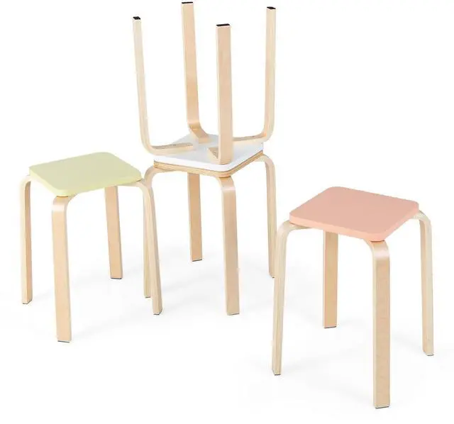 Main image of 18-Inch Stackable Wooden School Stools Set of 4, Assorted Color | Portable Backless School Chairs with Square Top, Anti-Slip Felt Mats, Stacking Stools for Classroom, Dining Room, Kitchen