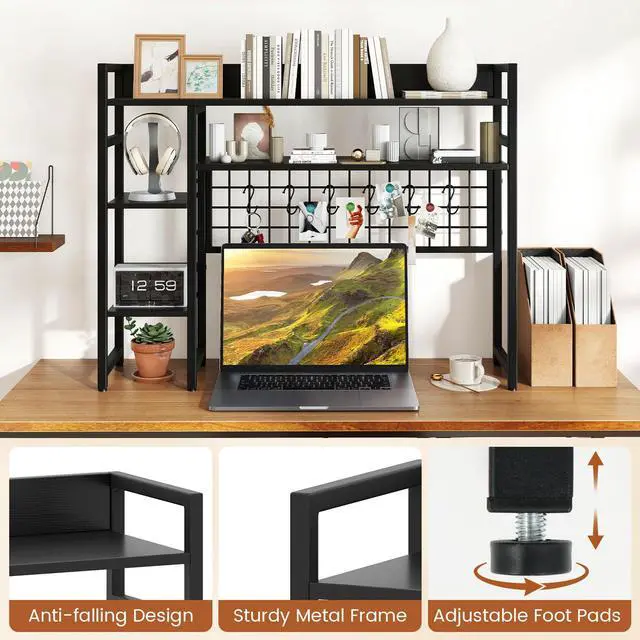 Alt view image 7 of 7 - Desktop Bookshelf, 37" Desk Shelf for Up to 32" Computer Monitors, 4 Tier Desktop Display Shelves with Grid Panel, 6 Movable Hooks, Anti-tip Device, Desk Hutch for Home Office Dorm (Black)