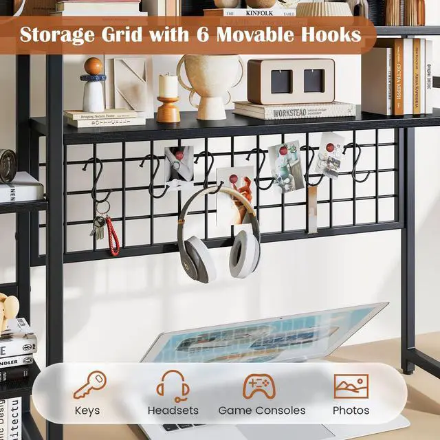 Alt view image 5 of 7 - Desktop Bookshelf, 37" Desk Shelf for Up to 32" Computer Monitors, 4 Tier Desktop Display Shelves with Grid Panel, 6 Movable Hooks, Anti-tip Device, Desk Hutch for Home Office Dorm (Black)