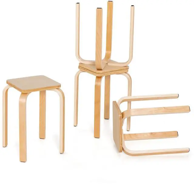 Main image of 18-Inch Stackable Wooden School Stools Set of 4, Natural | Portable Backless School Chairs with Square Top, Anti-Slip Felt Mats, Stacking Stools for Classroom, Dining Room, Kitchen