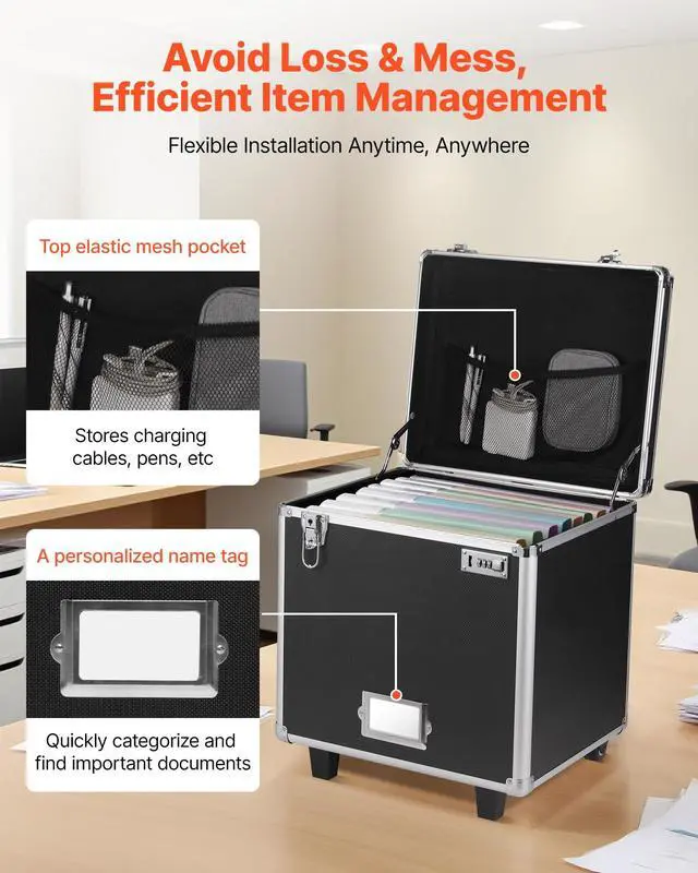 Alt view image 6 of 7 - Portable File Storage Box, 15.6 x 12.6 x 15 inch Internal Chest Size, Locking Mobile Business Case with Telescopic Handle, Hand pull File Case for Office Home, Offices, Hospitals, Banks