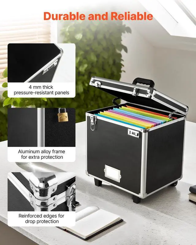 Alt view image 4 of 7 - Portable File Storage Box, 15.6 x 12.6 x 15 inch Internal Chest Size, Locking Mobile Business Case with Telescopic Handle, Hand pull File Case for Office Home, Offices, Hospitals, Banks