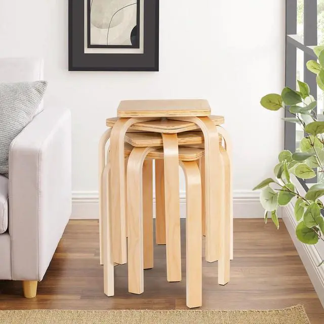 Alt view image 5 of 7 - 18-Inch Stackable Wooden School Stools Set of 4, Natural | Portable Backless School Chairs with Square Top, Anti-Slip Felt Mats, Stacking Stools for Classroom, Dining Room, Kitchen