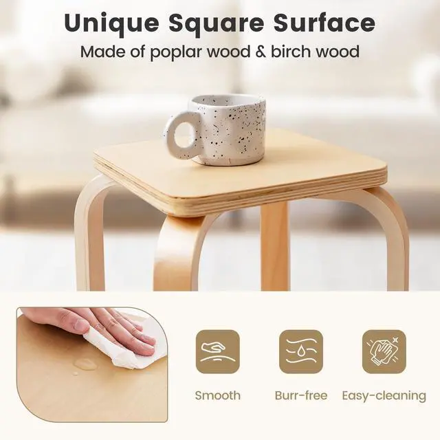 Alt view image 6 of 7 - 18-Inch Stackable Wooden School Stools Set of 4, Natural | Portable Backless School Chairs with Square Top, Anti-Slip Felt Mats, Stacking Stools for Classroom, Dining Room, Kitchen