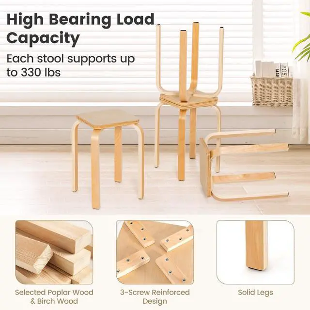 Alt view image 7 of 7 - 18-Inch Stackable Wooden School Stools Set of 4, Natural | Portable Backless School Chairs with Square Top, Anti-Slip Felt Mats, Stacking Stools for Classroom, Dining Room, Kitchen