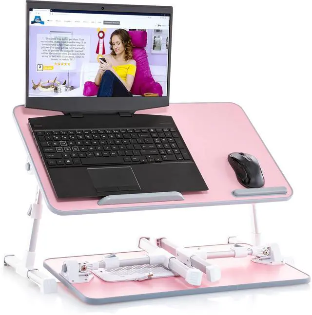 Main image of Lap Desk Pink Large Wood Top - Fits Up to 17" Laptop - with Dual Cushion, Wrist Rest & Built-in Mouse Pad, Portable Laptop Stand for Bed, Multifunctional Slot for Tablet, Pen & Phone