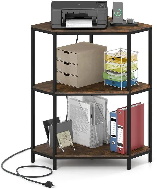 Main image of Corner Printer Stand, 3-Tier Corner Shelf with Charging Station and Metal Frame, Small Industrial Bookshelf, Printer Table for Living Room, Kitchen, Home Office (1)