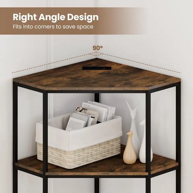 Alt view image 4 of 7 - Corner Printer Stand, 3-Tier Corner Shelf with Charging Station and Metal Frame, Small Industrial Bookshelf, Printer Table for Living Room, Kitchen, Home Office (1)