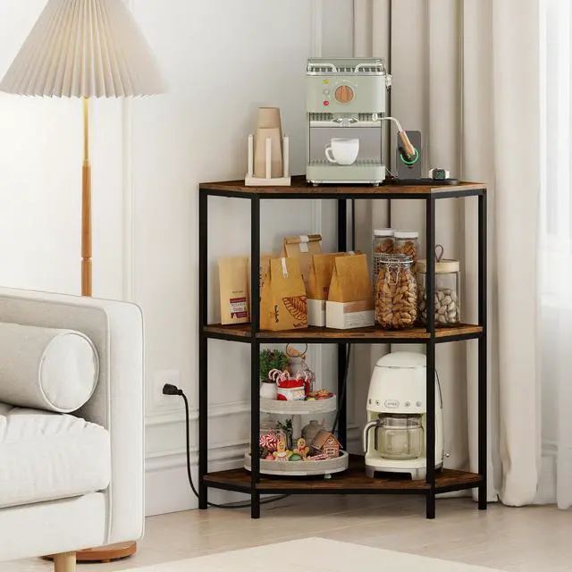 Alt view image 2 of 7 - Corner Printer Stand, 3-Tier Corner Shelf with Charging Station and Metal Frame, Small Industrial Bookshelf, Printer Table for Living Room, Kitchen, Home Office (1)