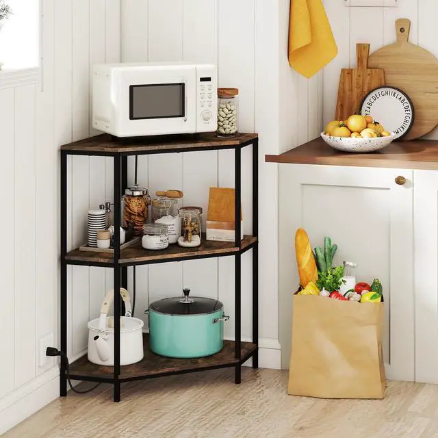Alt view image 7 of 7 - Corner Printer Stand, 3-Tier Corner Shelf with Charging Station and Metal Frame, Small Industrial Bookshelf, Printer Table for Living Room, Kitchen, Home Office (1)