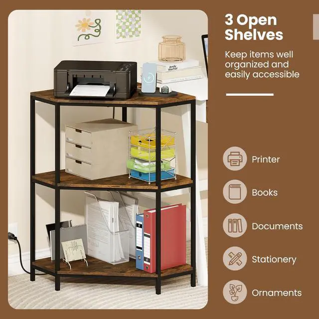 Alt view image 5 of 7 - Corner Printer Stand, 3-Tier Corner Shelf with Charging Station and Metal Frame, Small Industrial Bookshelf, Printer Table for Living Room, Kitchen, Home Office (1)