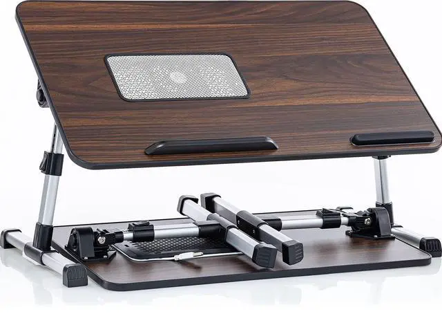 Alt view image 6 of 7 - Lap Desk Brown Large Wood Top - Fits Up to 17" Laptop - with Dual Cushion, Wrist Rest & Built-in Mouse Pad, Portable Laptop Stand for Bed, Multifunctional Slot for Tablet, Pen & Phone